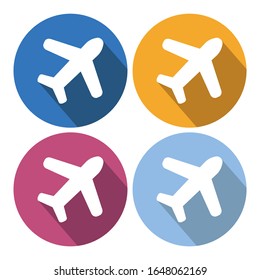 White aircraft icon in flat design. Vector illustration. Symbol of the aircraft with long shadow on colour rounds.