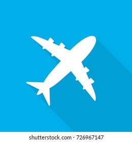 White aircraft icon in flat design. Vector illustration. Symbol of the aircraft with long shadow on blue background.