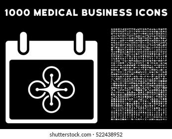 White Airdrone Calendar Day vector icon with 1000 medical business pictograms. Set style is flat symbols, white color, black background.