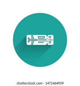 White Airline ticket icon isolated with long shadow. Plane ticket. Green circle button. Vector Illustration