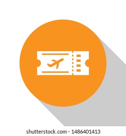 White Airline ticket icon isolated on white background. Plane ticket. Orange circle button. Vector Illustration