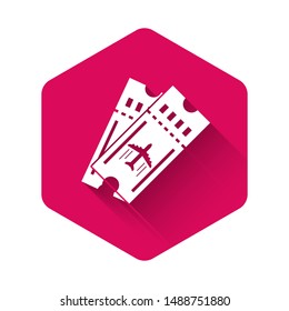 White Airline ticket icon isolated with long shadow. Plane ticket. Pink hexagon button. Vector Illustration