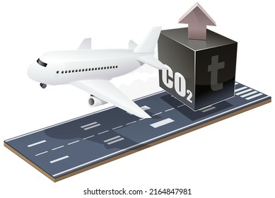 White airliner taking off on its runway with a black cube and its arrow symbolizing tons of CO2 emissions