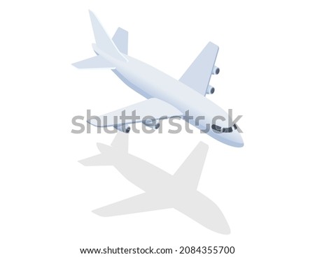 White airplain vector illustration in motion flies in sky isometric vector with shadow. Aircraft passenger plain air vehicle for fast travel over long distances. Big modern flying machine isolated