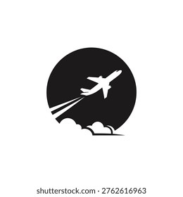 White airplane in black circle flying