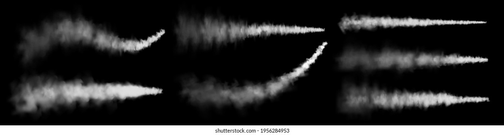 White airplane condensation trails. Space rocket launch. Realistic missile or bullet trail. Jet aircraft tracks. Vector illustration.