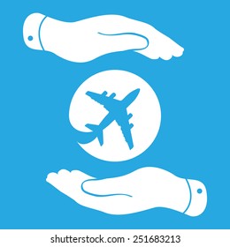 white airplane in flat hands icon - vector illustration