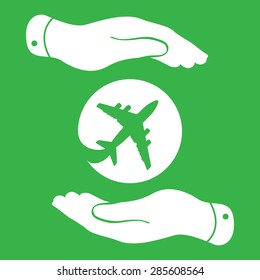 white airplane in flat hands icon - vector illustration