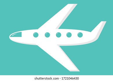 White airplane flies in the sky. Flat vector illustration on blue background.