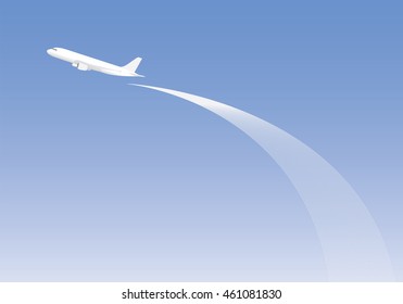 White airplane fly up on blank blue sky and line curve background. One aeroplane flying on cyan banner, airplane flown above light space, aircraft flew over smooth route.