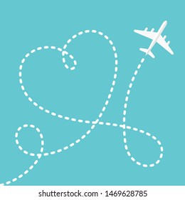 White airplane flying and drawing heart shape with its path. Romantic travel, relationship, love and romance concept. Flat design. EPS 8 vector illustration, no transparency, no gradients