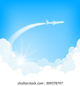 white airplane flying  over cumulus clouds, sun peek out clouds,  blue sky on background, vector illustration