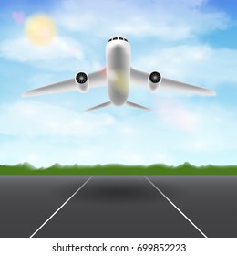 white airplane flying in sky over airport runway 