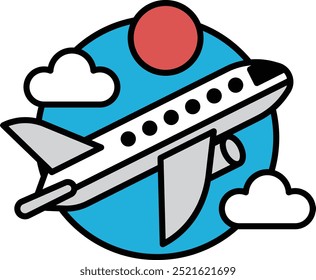 A white airplane flying through the sky with a red sun in the background. Concept of adventure and freedom, as the airplane soars through the clouds and the sun shines brightly in the sky