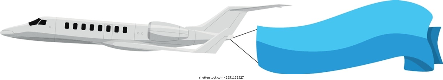 A white airplane is flying through the sky with a blue ribbon attached to it