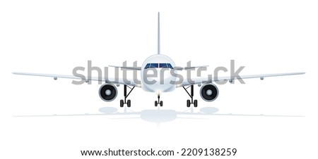 White airplane front view isolated on empty background. Air plane, airliner model. Aircraft with big wings icon. Summer tours, graphic design for app, web site page, flyer, poster. Vector illustration