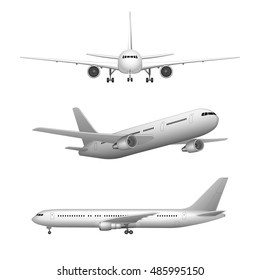 White airplane High detailed icon set. airplane in profile, from the front and 3d perspective view. isolated vector illustration of plane. Airline Concept set.