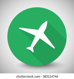 White Airplane icon with long shadow on green circle