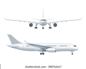 White airplane icon set  on a white background in profile and from the front isolated vector illustration