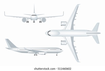 White airplane icon set on a white background in profile and from the front isolated vector illustration.