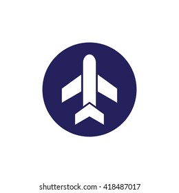 White airplane icon vector. Blue circle. Blue button
