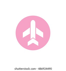 White airplane icon vector. Pink button. Pink circle