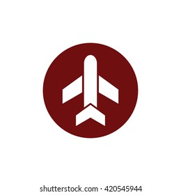 White airplane icon vector. Red circle. Red button