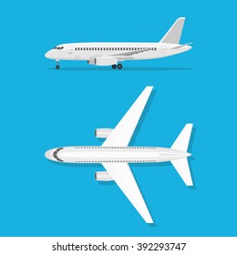 White airplane isolated on blue background. Aircraft is on the ground. Airliner. View from above and side. 