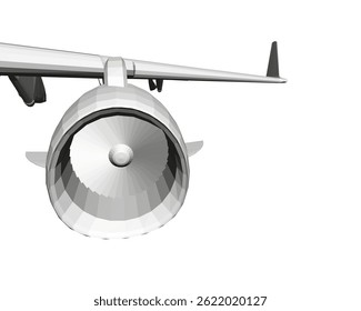 A white airplane with a large engine on the wing. The engine is shaped like a cone and is the main focus of the image