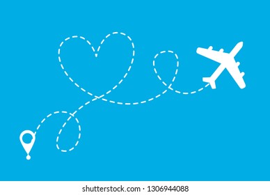 White Airplane makes heart in the blue sky. Valentine day symbol. Romantic route. Hearted airplane path drawing.  Vector illustration