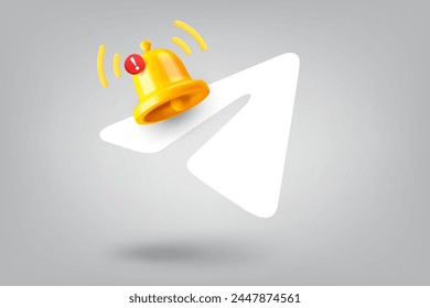 White airplane and notification bell. 3d vector illustration