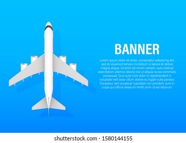 White airplane on a blue background in profile, banner, isolated. Vector stock illustration