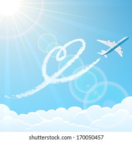 White airplane on blue sky background with heart, illustration.