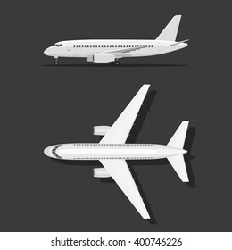 White airplane on isolated background. Aircraft is on the ground. Airliner. View from above and side. The objects for brochure