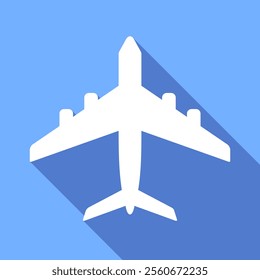 White airplane on sky blue background. Vector long shadow icon or logo.