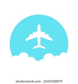 White airplane on sky blue cloudy background. Vector minimal icon or logo.