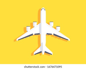 White airplane on yellow background. Aircraft flight travel. Flat design vector illustration