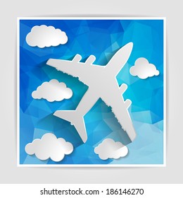 white airplane with paper clouds on the Abstract blue geometric background with triangular polygons