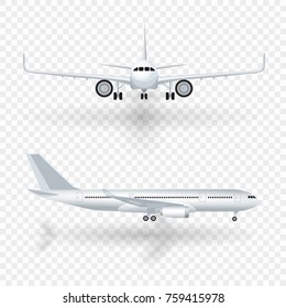 White airplane with shadow icon set on checkered background in profile and from the front isolated vector illustration