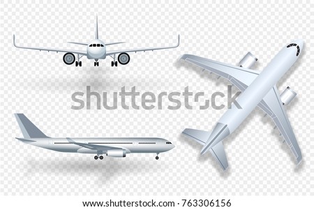 White airplane with shadow icon set on checkered background in profile and from the front isolated vector illustration