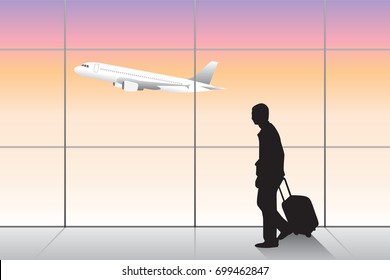 White airplane takeoff in window airport view sunset sky background. One jet plane flying scene in square windowpane at aerodrome. Passenger carry baggage silhouette ,tourist walking long shadow.