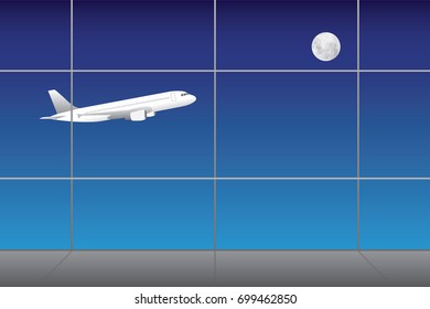 White airplane takeoff in window airport view dark blue sky background. One jet plane flying night scene full moon in square windowpane at empty aerodrome gray floor.