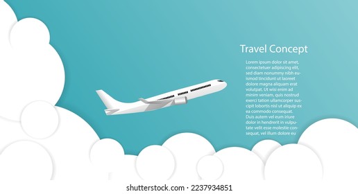 White airplane  taking off  in the air with white clouds  on blue blackground , vector illustration , Business travel holiday summer Concept