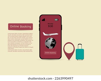 White airplane  taking off in the air with wold map   flight path location pin,uggage on phone screen yellow  background , vector illustration ,Booking Business travel holiday summer Concept