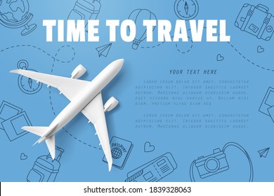 White Airplane, Top View Mockup For Travel Business Promotion, Vector Art Illustration.