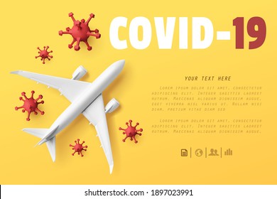 White airplane top view mockup for travel business in covid-19 epidemic duration, vector art and illustration.