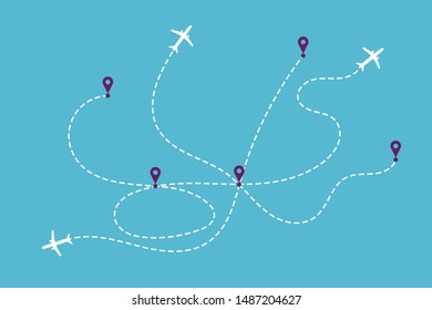 White Airplane with track on blue background Illustration. Flat design. EPS 10 vector illustration, no transparency, no gradients.