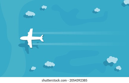 White airplane travel flight flying above blue ocean sea with cloud top view flat vector design.