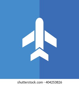 White airplane vector icon. Blue background