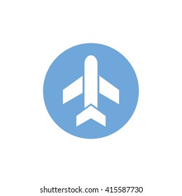 White airplane vector icon. Blue circle. Blue button